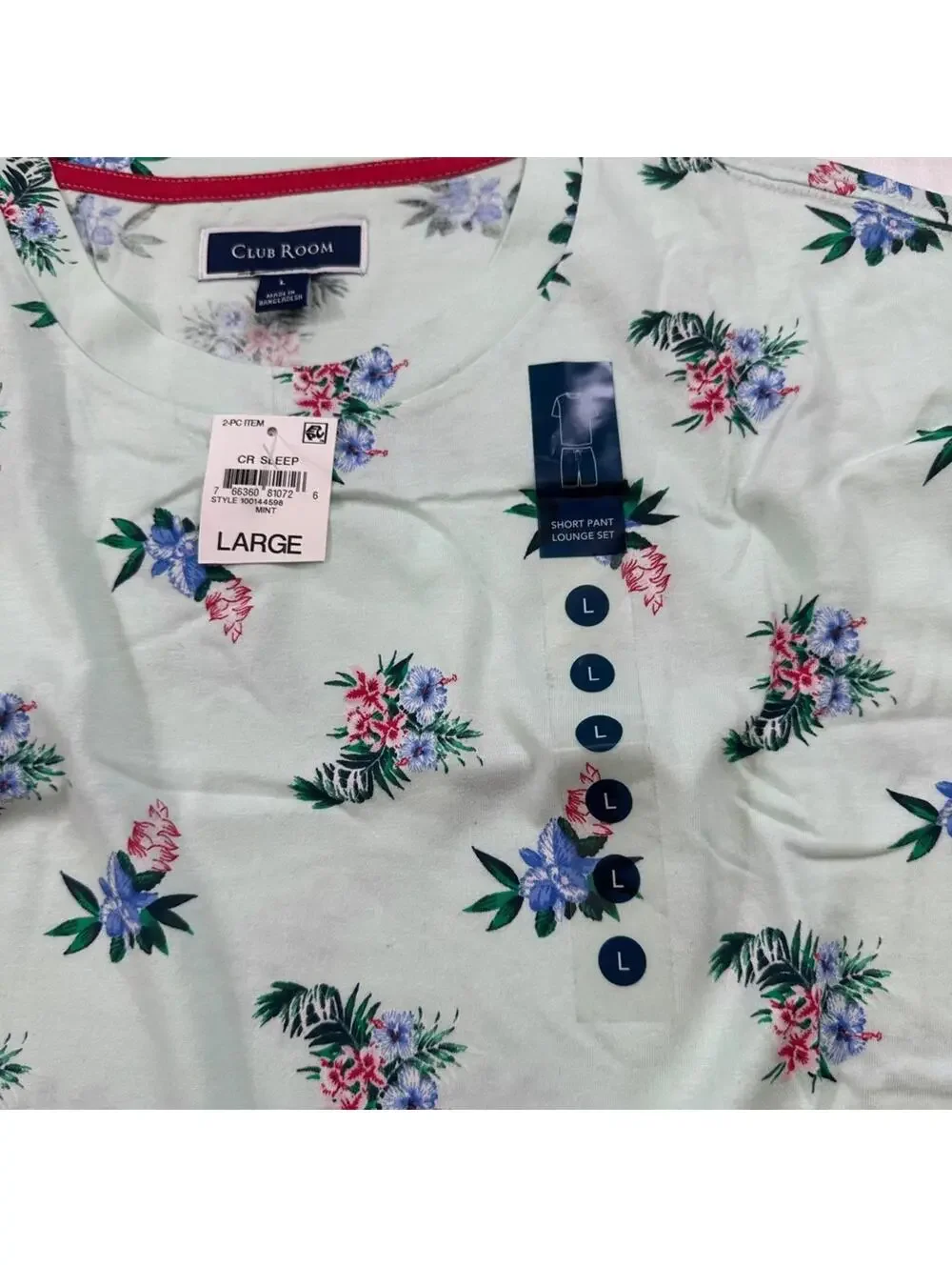 Club Room Men’s Floral Pajama Lounge Set Mint Green Shirt Shorts NWT Large